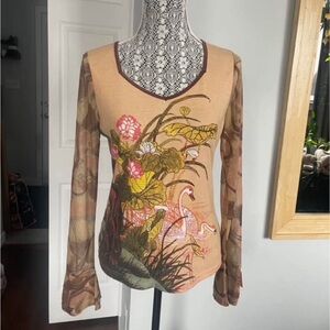 Vintage Y2K Sheer Back and Sleeve Top With Flared Sleeve. Medium/Large.